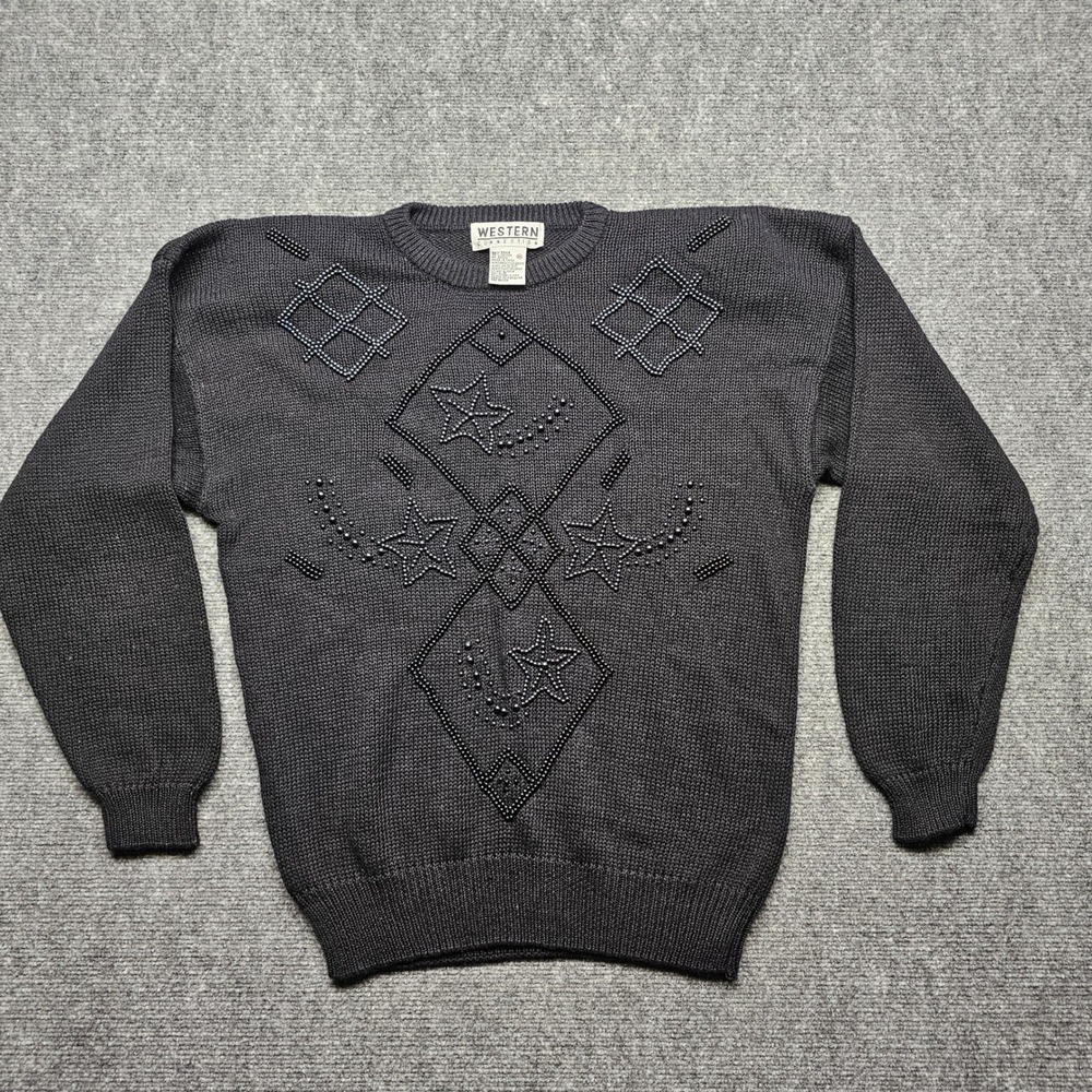 Vintage Western Connection Beaded Star Geometric Sweater Black Ramie Cotton M